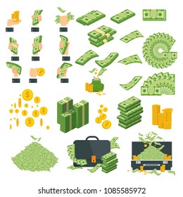 Set a various kind of money. Packing in bundles of bank notes, bills fly, gold coins. Flat vector cartoon money illustration. Objects isolated on a white background.