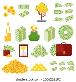 Set a various kind of money. Packing in bundles of banknotes, bills fly, gold coins. Flat vector cartoon money illustration. Objects isolated on a white background.