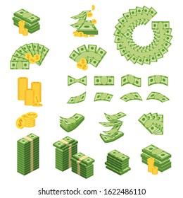 Set a various kind of money. Packing in bundles of bank notes, bills fly, gold coins. Flat vector cartoon money illustration. Objects isolated on a white background.