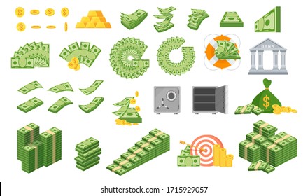 Set a various kind of money. Packing in bundles of bank notes, bills fly, gold coins. Flat vector cartoon money illustration. Objects isolated on a white background.