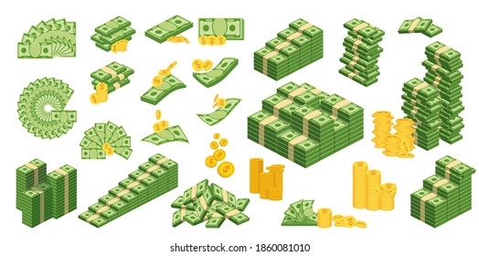 Set a various kind of money. Packing in bundles of bank notes, bills fly, gold coins. Banking and budget. Flat vector illustration. Objects isolated on a white background..