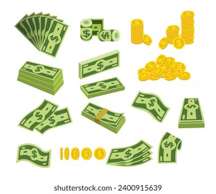 Set a various kind of money. Packing in bundles of money stacks bills fly, money bills dollar cash paper and gold coins, Packing and Piles of Dollar