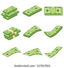 Set a various kind of money. Packing in bundles of bank notes, bills fly. Flat vector cartoon money illustration. Objects isolated on a white background.