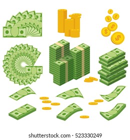 Set various kind money  Packing in bundles bank notes  bills fly  gold coins  Flat vector cartoon money illustration  Objects isolated white background 