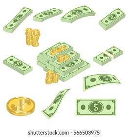 Set a various kind of money. Packing in bundles of bank notes bills fly gold coin. Flat vector cartoon money illustration. Big money concept. Stacked pile of hundred us dollar cash