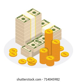Set a various kind of money. Packing in bundles of bank notes, bills fly, gold coins. Flat vector cartoon money illustration. Objects isolated on a white background.