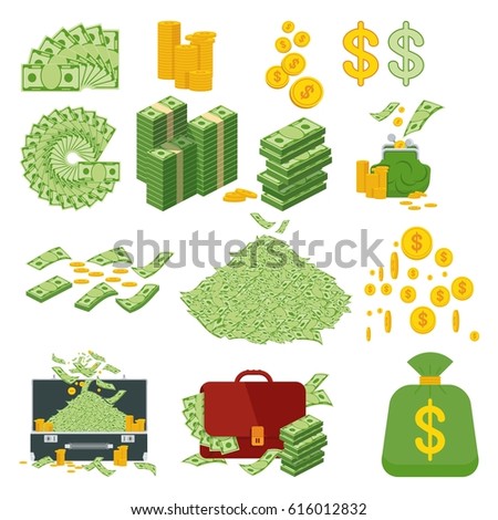 Set a various kind of money. Packing in bundles of bank notes, bills fly, gold coins. Flat vector cartoon money illustration. Objects isolated on a white background.