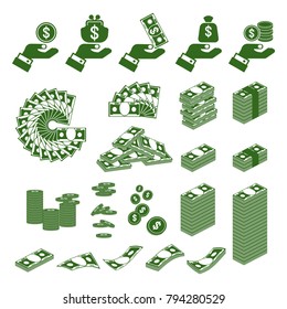 Set a various kind of money related icons. Packing in bundles of bank notes, bills fly, gold coins. Flat vector cartoon money illustration. Objects isolated on a white background.