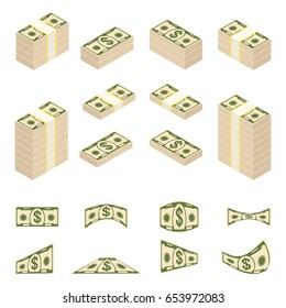 Set a various kind of paper money. Packing in bundles of bank notes, bills fly, coins. Flat vector cartoon money illustration. Objects isolated on a white background.