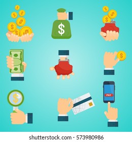 Set a various kind of payments. Packing in bundles of bank notes, bills fly, gold coins. Flat vector cartoon money illustration. Objects isolated on a white background.