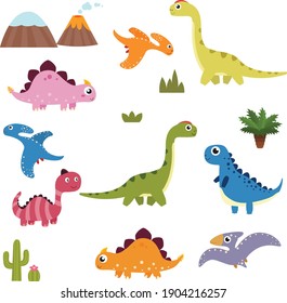 Set with various kinds of colored painted dinosaurs 