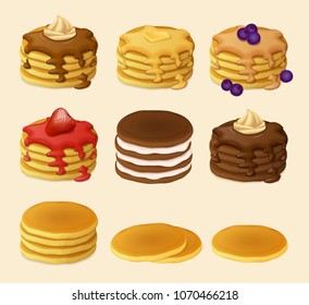 Set of various kinds of pancakes. Vector Illustration