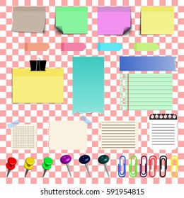 A set of various kinds of paper, paper clips and buttons. Torn, blank, post, notes, sticky. Vector illustration. Colorful sticky notes. Office supplies.