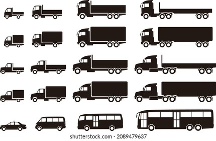 Set of various kinds and sizes road transport vehicles symbols for goods and people, black on white 