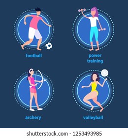 set various kinds sport blue background female male activity cartoon character full length