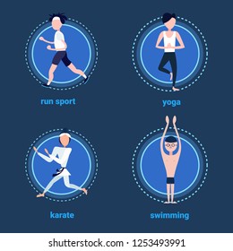 set various kinds sport blue background female male activity cartoon character full length flat