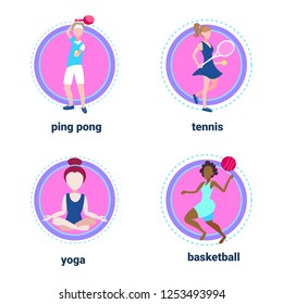 set various kinds sport isolated female male activity cartoon character full length flat