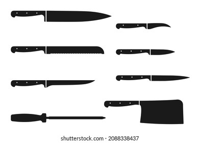Juego de varios cuchillos de cocina. Utensil de cocina de diseño de ícono negro. Ilustración vectorial aislada