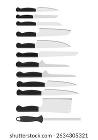 Conjunto de varios cuchillos de cocina con mangos negros, incluyendo cuchilla y afilador de acero
