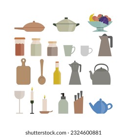 Conjunto de varios utensilios de cocina, mobiliario de cocina. Ilustración vectorial plana de jarras, hervidor, taza y otros artículos de cocina