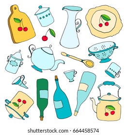 Set of various kitchenware, cup, spoon, teapot, bottle. Vector illustration.