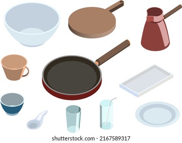 Set of various kitchenware isometric style. Isolated on white background