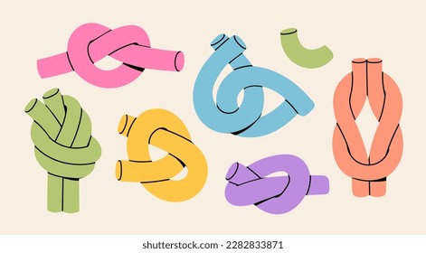 Conjunto de varios nudos. Diferentes piezas curvadas. Tiradas, nubladas, cuerdas, cables, fideos o plasticina en diferentes posiciones. Dibujo manual de la ilustración del vector colorido. Elementos de diseño aislados