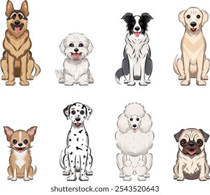 Conjunto de vários cães|Maltês, Labrador Retriever, Pastor Alemão, Border Collie, Standard Poodle, Dalmatian, Chihuahua, Pug