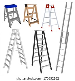 Set of various ladders on the white background