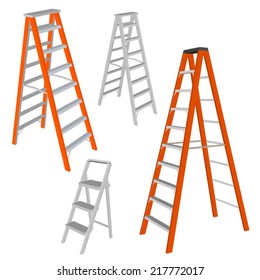 Set of various ladders on white background