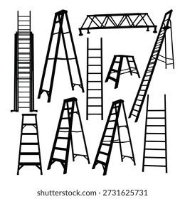 Set of various ladders and scaffolding structures isolated on white