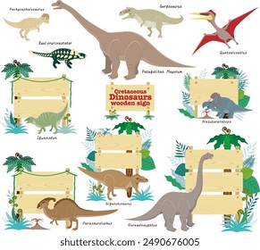 Un conjunto de varios dinosaurios terrestres y aéreos, incluyendo principalmente nuevas especies del período Cretácico, y carteles de madera.