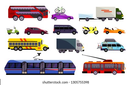 Set of various land vehicles. Automobiles, public transport, trucks. Can be used for topics like transports, infrastructure, transportation