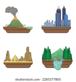 Conjunto de varias ilustraciones vectoriales aisladas de islas flotantes de paisaje. diferentes paisajes. isla volcánica.  horizonte de la ciudad. isla desierta. isla forestal