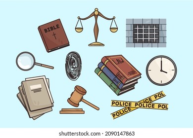 Set of various law and order icons or items. Colorful collection of jurisdiction power and justice. Court and lawyer infographics. Flat vector illustration. Jury, police and bible. 