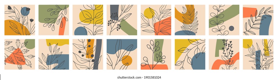 Set of Various Leaves and Flowers, abstract shapes. Line art. Round elements, abstract shapes, lines, floral. Hand drawn Vector illustrations. Minimalistic style. Contemporary Hand drawn illustrations