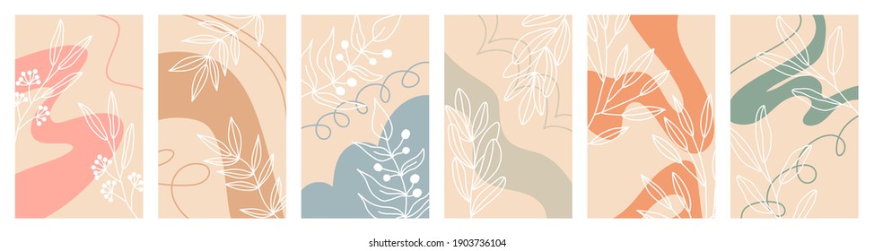 Set of Various Leaves and Flowers, abstract shapes. Round elements, abstract shapes, lines, floral. Contemporary Hand drawn illustrations. Line art. Minimalistic style. Vector stock illustration. 