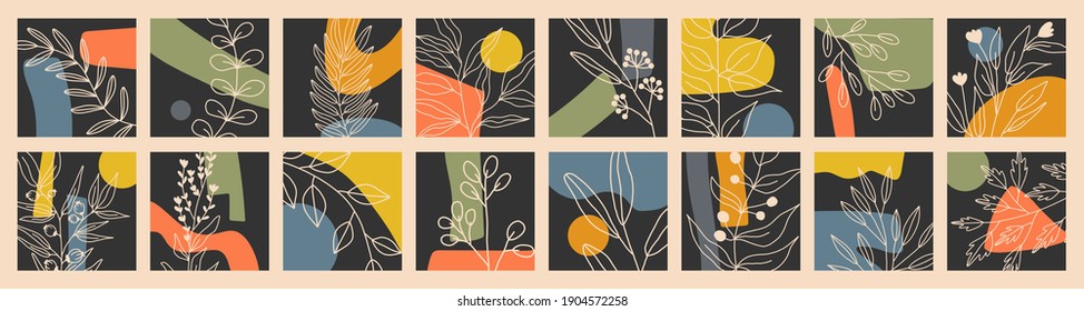 Set of Various Leaves and Flowers, abstract shapes. Line art. Round elements, abstract shapes, lines, floral. Vector stock graphics. Contemporary Hand drawn illustration. Minimalistic style.