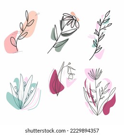 Set of Various Leaves and Flowers, abstract shapes. Round elements, abstract shapes, lines, floral. Minimalistic style. Vector stock illustration. Line art. Contemporary Hand drawn illustrations.