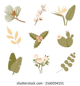 Set of Various Leaves and Flowers. Minimalistic style. Vector stock illustration.