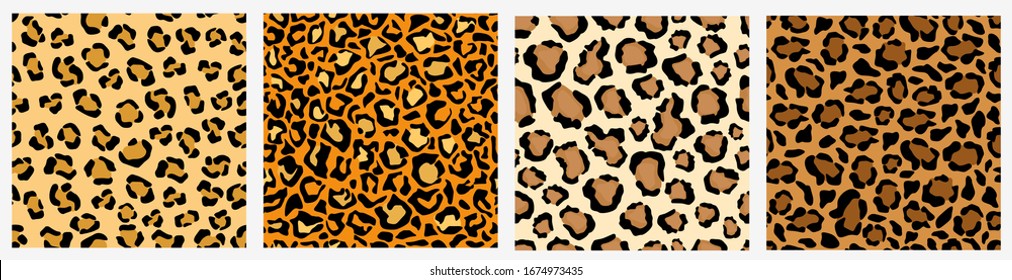 Set of various leopard skin seamless pattern. Collection of different colorful wild animal print design vector flat illustration. Trendy colored decoration exotic template