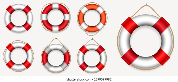 set of various lifebuoy isolated or lifeguard rescue equipment or safety beach worker with life jacket concept. 