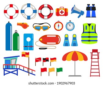 set of various lifebuoy isolated or lifeguard rescue equipment or safety beach worker with life jacket concept. eps 10 vector 