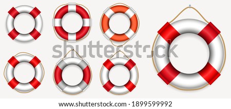 set of various lifebuoy isolated or lifeguard rescue equipment or safety beach worker with life jacket concept. 