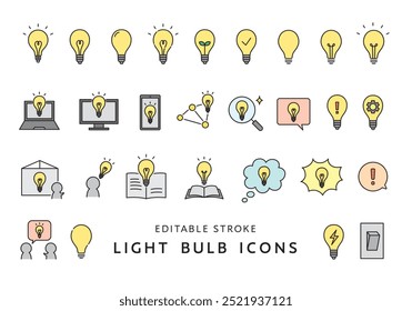 Conjunto de varias bombillas e iconos de inspiración
