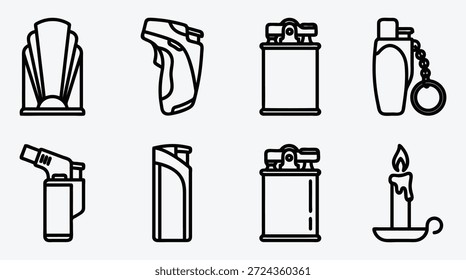 Set of various lighters and a candle with flame icon