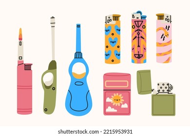 Set of various Lighters. Cigarette lighters with cool colorful prints. Side view. Smoking equipment. Hand drawn isolated Vector illustrations. Design, print templates on white background 