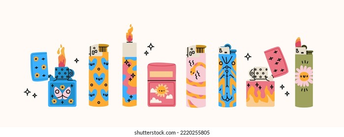 Set of various Lighters. Cigarette lighters with cool colorful prints. Side view. Smoking equipment. Hand drawn isolated Vector illustrations. Design, print templates on white background