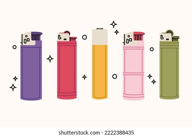 Set of various Lighters. Cigarette lighters with cool colorful prints. Side view. Smoking equipment. Hand drawn isolated Vector illustrations. Design, print templates on white background