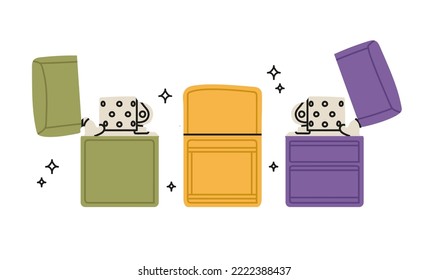 Set of various Lighters. Cigarette lighters with cool colorful prints. Side view. Smoking equipment. Hand drawn isolated Vector illustrations. Design, print templates on white background